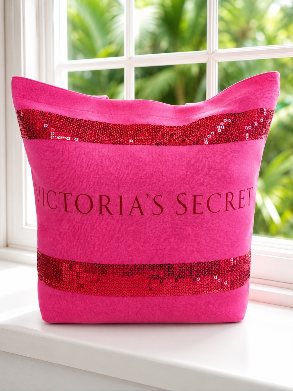 Victoria's Secret Pink Tote with Red Sequin Stripes